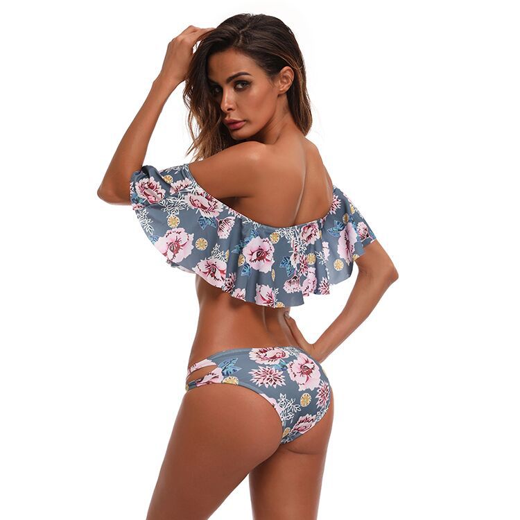 F4689  Women Two Pieces Sexy Floral Print Ruffled Flounce Off Shoulder Bikini